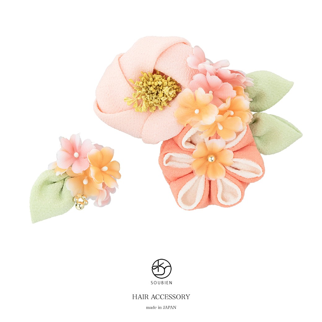SOUBIEN 髪飾り つまみ細工 2点セット 桜色 ピンク 薄橙色 梅 椿 花