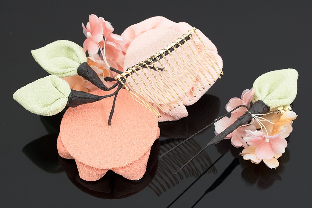 SOUBIEN（創美苑） 髪飾り つまみ細工 2点セット 桜色 ピンク 薄橙色