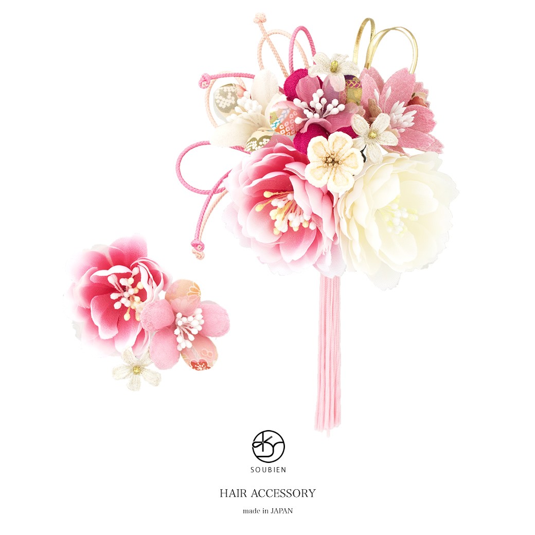 髪飾り ２点セット ピンク系 白 ホワイト 牡丹 桜 花 フラワー 和柄 房