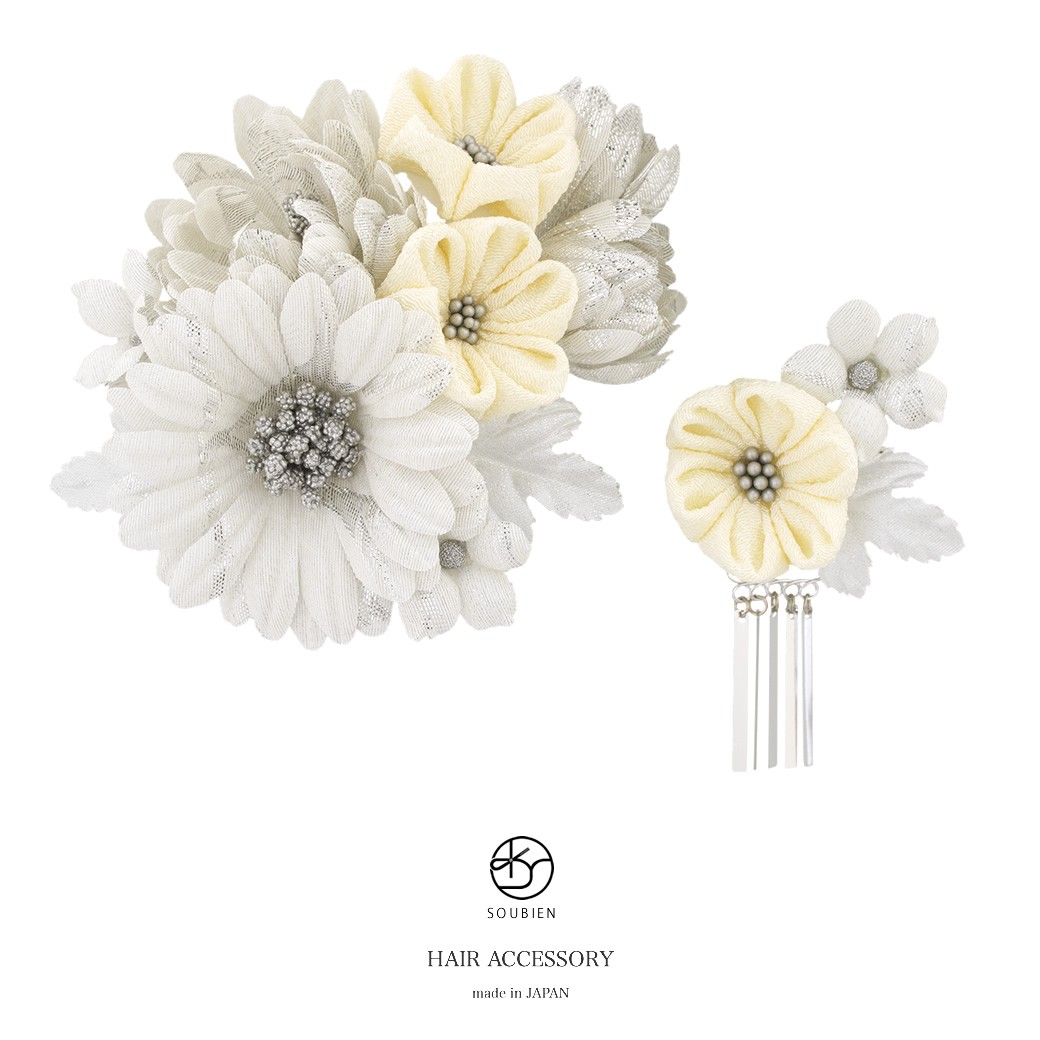 髪飾り　アイボリー×グレージュ　つまみ細工 つまみ細工とドライフラワーの髪飾り アイボリー グレージュ ヘアピン