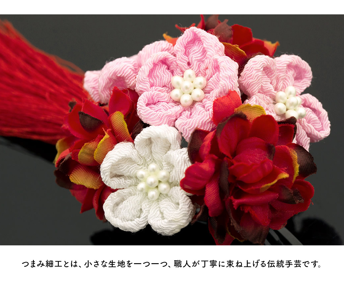 七五三　七五三　ちりめん細工　巾着 赤・ピンク・髪飾り・草履　3点セット 髪飾り 七五三 3歳 5歳 7歳 パッチン留め ちりめん つまみ細工