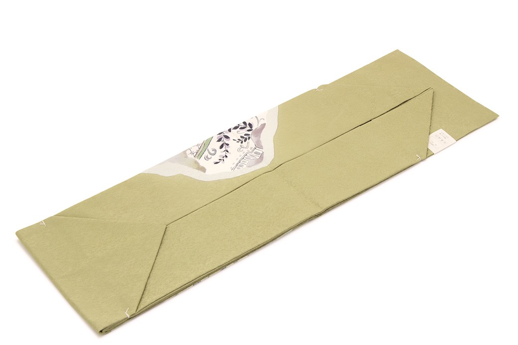 A ポピーの花模様 白色 太鼓 正絹 薄物 夏用 絽 紗 カジュアルな名古屋帯 SOUBIEN 名古屋帯 正絹 九寸名古屋帯 黄緑色 青朽葉色 グリーン