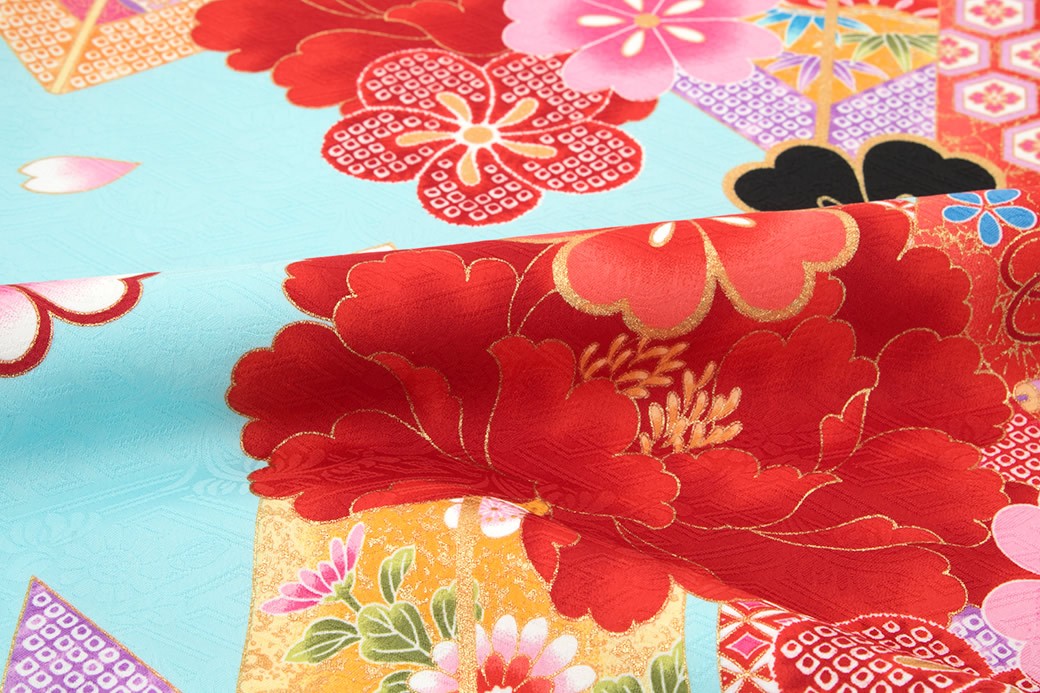 SOUBIEN 袴用二尺袖着物 水色 ブルー 赤 レッド 牡丹 梅 桜 花