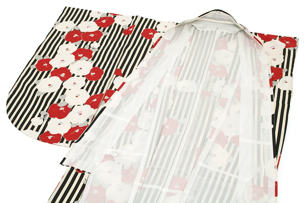 SOUBIEN（創美苑） 袴用二尺袖着物 黒系 赤 椿 縞 菊紗綾形 レトロ