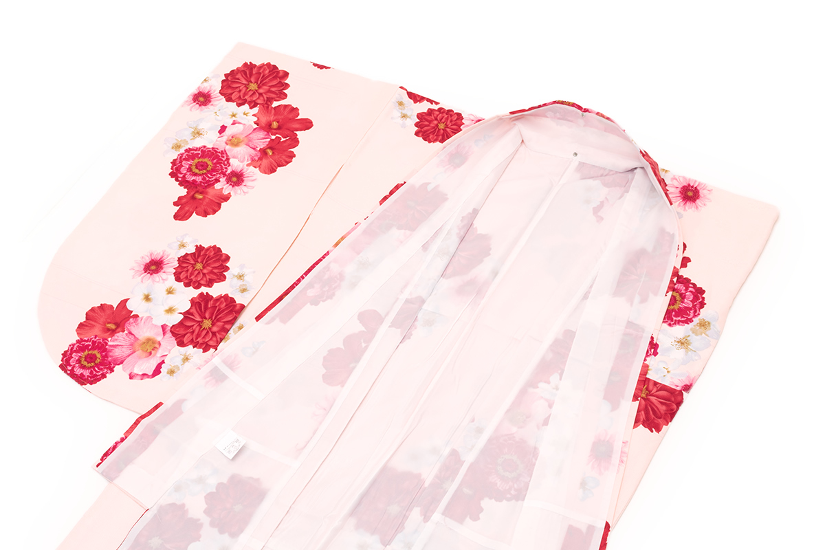 袴用二尺袖着物 単品 卒業式 bonheur saisons（ボヌールセゾン） 薄ピンク 赤 芙蓉 牡丹 花 菊紗綾形 レトロモダン 小紋柄 小振袖 レディース 仕立て上がり 二尺袖着物 単品 二尺袖 袴 袴用二尺袖着物 卒業式 薄ピンク 赤 芙蓉