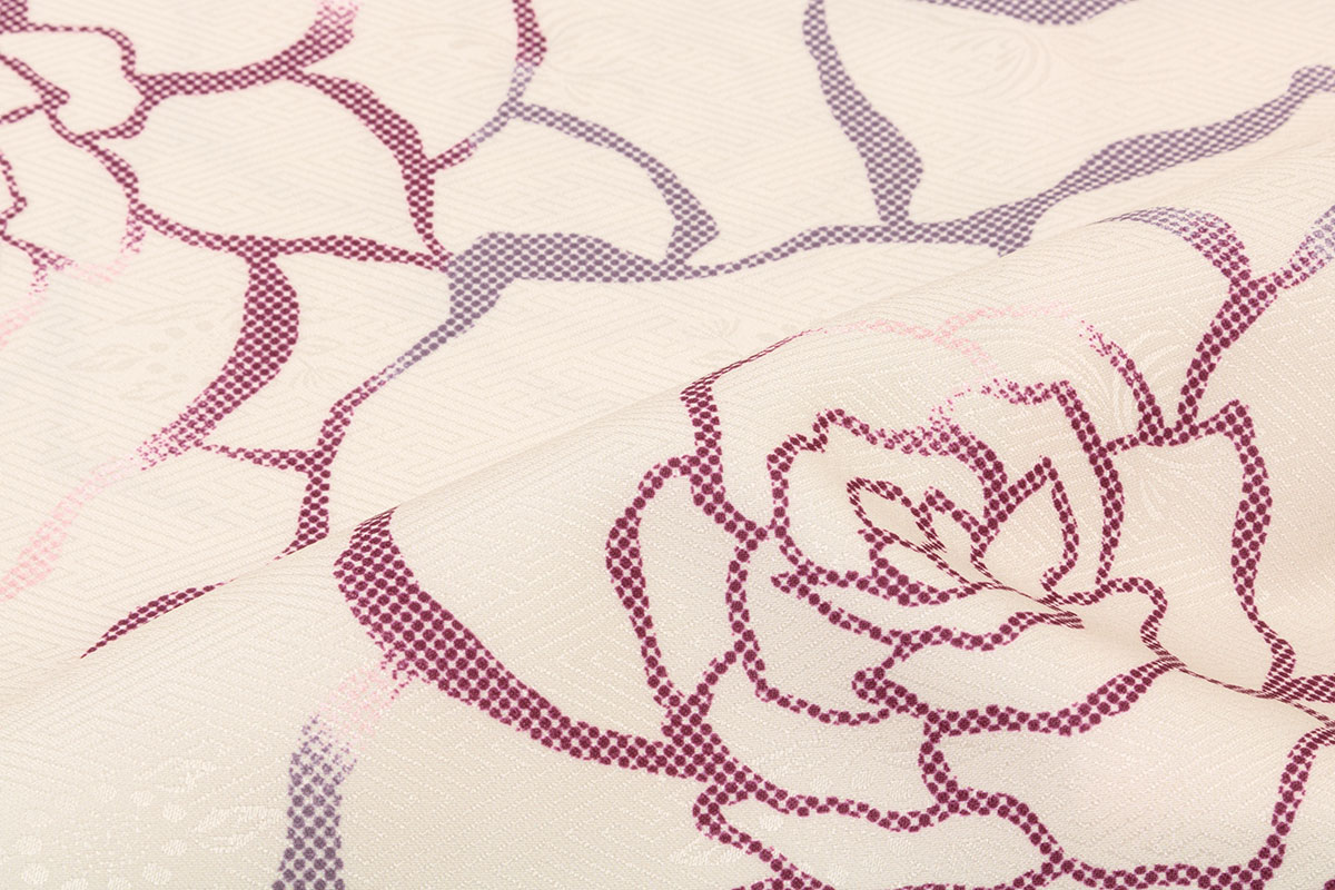二尺袖 着物 単品 ライトベージュ系 ピンク バラ 薔薇 花柄 フラワー 