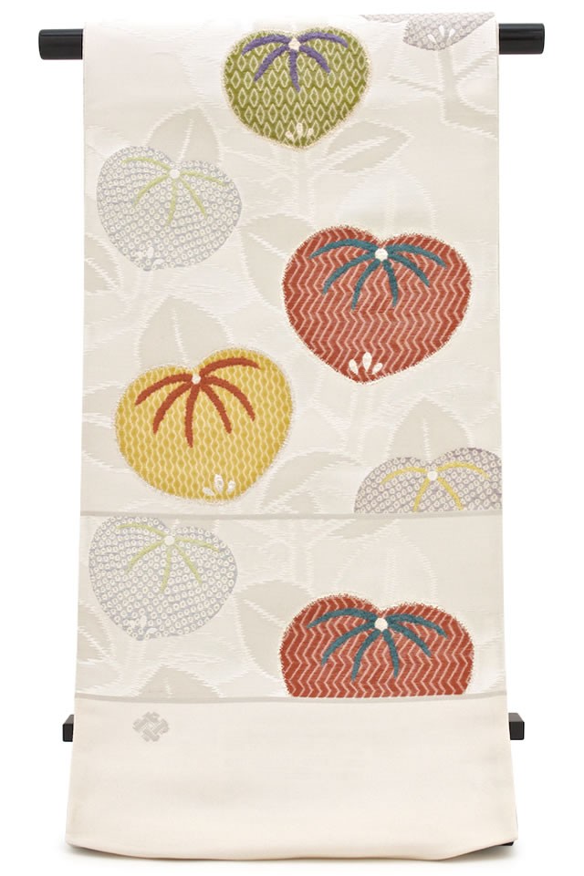 袋帯 未仕立て 白 アイボリー トマト 絹 六通柄 京都西陣織 103 華陽