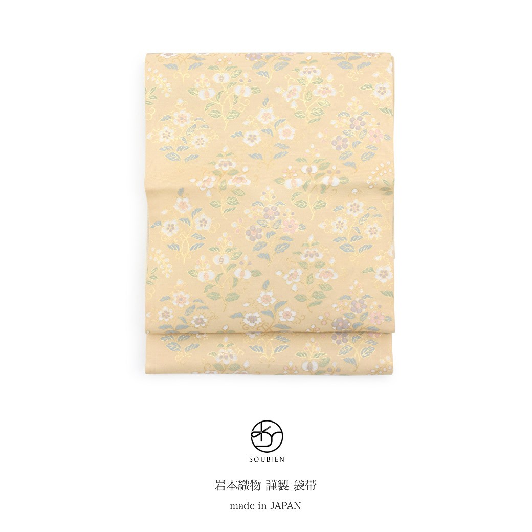 未使用品　高級吉村織物袋帯　光る素材のベージュに桜の花びら　変わり円と波文様　粋 未使用品高級吉村織物袋帯光る素材のベージュに桜の花びら変わり円と波