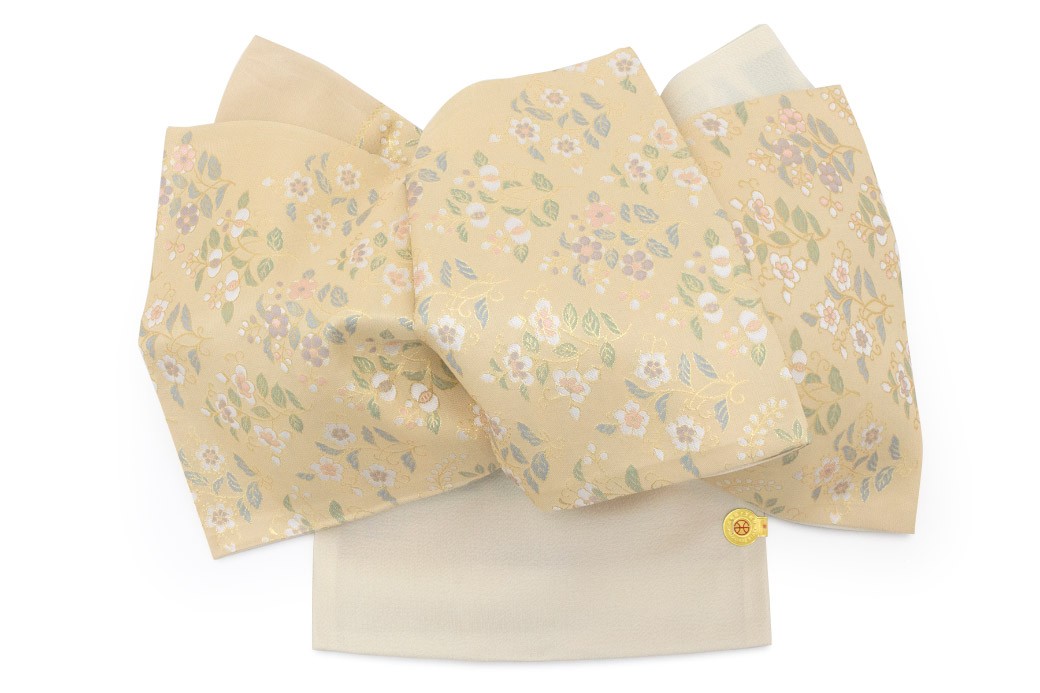 未仕立て】袋帯 訪問着 薄黄色 クリームイエロー 水色 緑 名物裂 唐花