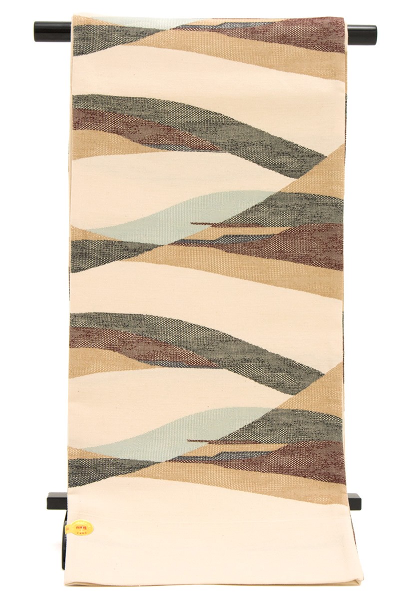 未仕立て】 袋帯 白 黒 茶色 縞 幾何学 波文 正絹 三幸織物 徳田佳考