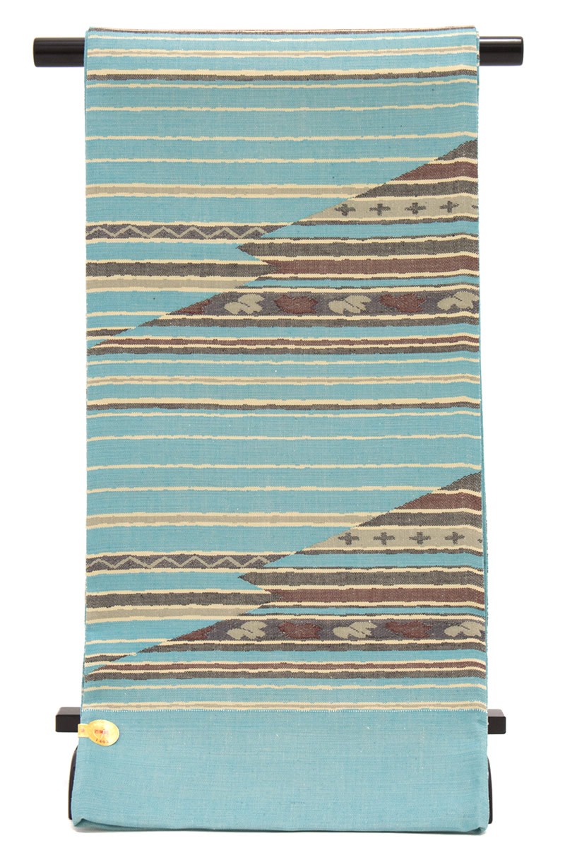 未仕立て】 袋帯 水色 ブルー 黄色 横縞 稲妻 幾何学 正絹 三幸織物