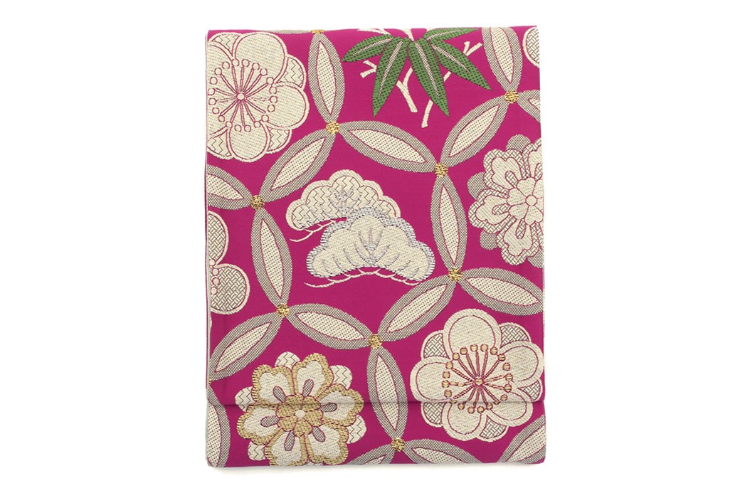 袋帯 振袖用 きもの道楽 赤紫色 ピンクマゼンタ 金色 梅 竹 松 七宝