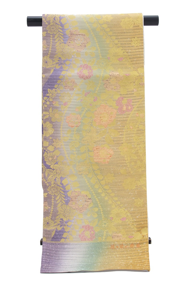 未仕立て】袋帯 振袖用 金色 ゴールド 紫色 グラデーション 花唐草