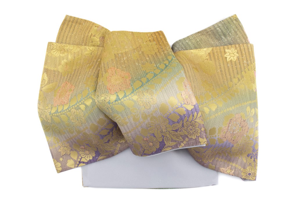 未仕立て】袋帯 振袖用 金色 ゴールド 紫色 グラデーション 花唐草