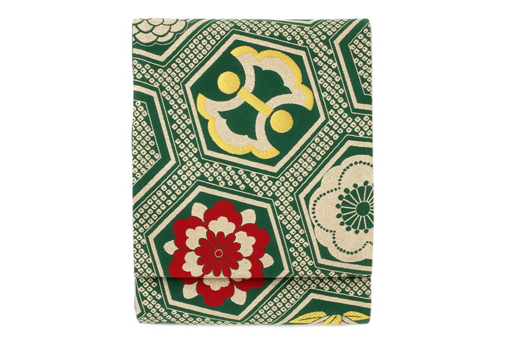 六通柄袋帯★桜　藤　菊　グリーン系　帯幅約３１cm●使用感あり 六通柄袋帯☆桜 藤 菊 グリーン系 帯幅約31cm○使用感あり