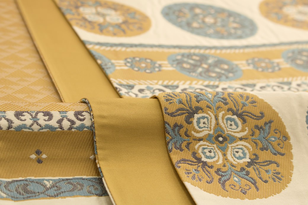 未仕立て】袋帯 黄土色 オークル 薄茶色 ベージュ 灰緑 丸間道 唐花