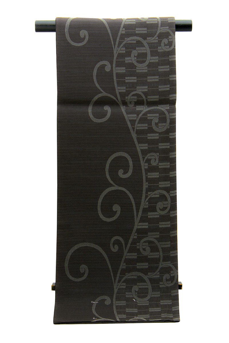 未仕立て】袋帯 弥栄織物 黒 ブラック 濃灰色 水色 縞 格子 正絹 京都