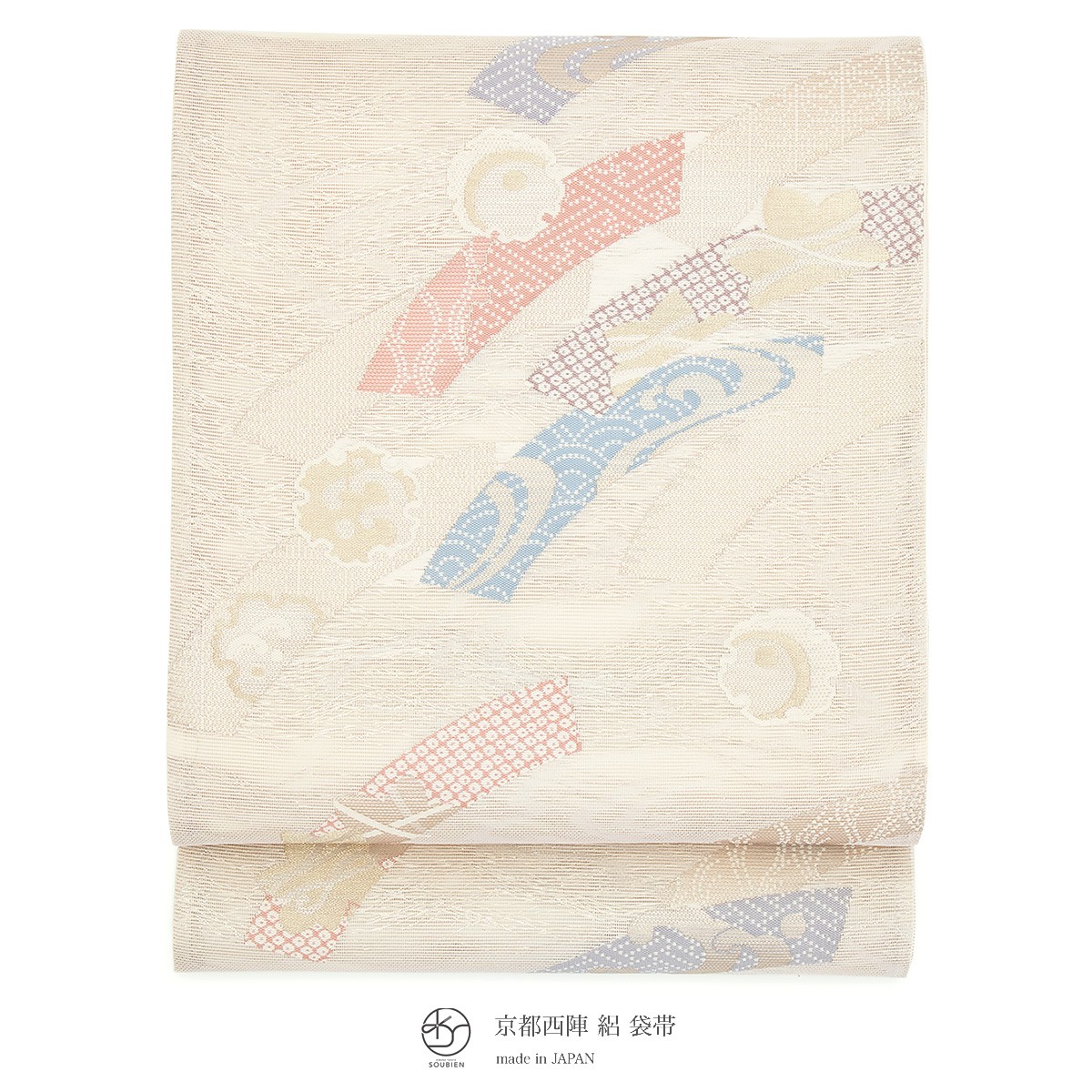 未仕立て】袋帯 姫野織物 薄茶色 流水 短冊 雪輪 青海波 立波 絽 京都
