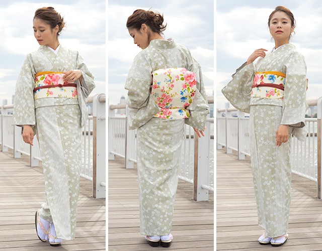 MK-1821 小紋 洗える着物 プレタ着物 花模様 縮緬 しつけ糸 蕎麦切色 洗える 小紋 着物 袷 クローバー バード ピンク 青 日本製 プレタ着物