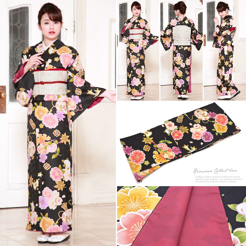 SOUBIEN 洗える着物 bonheur saisons 袷 黒 ブラック 桜 梅 橘