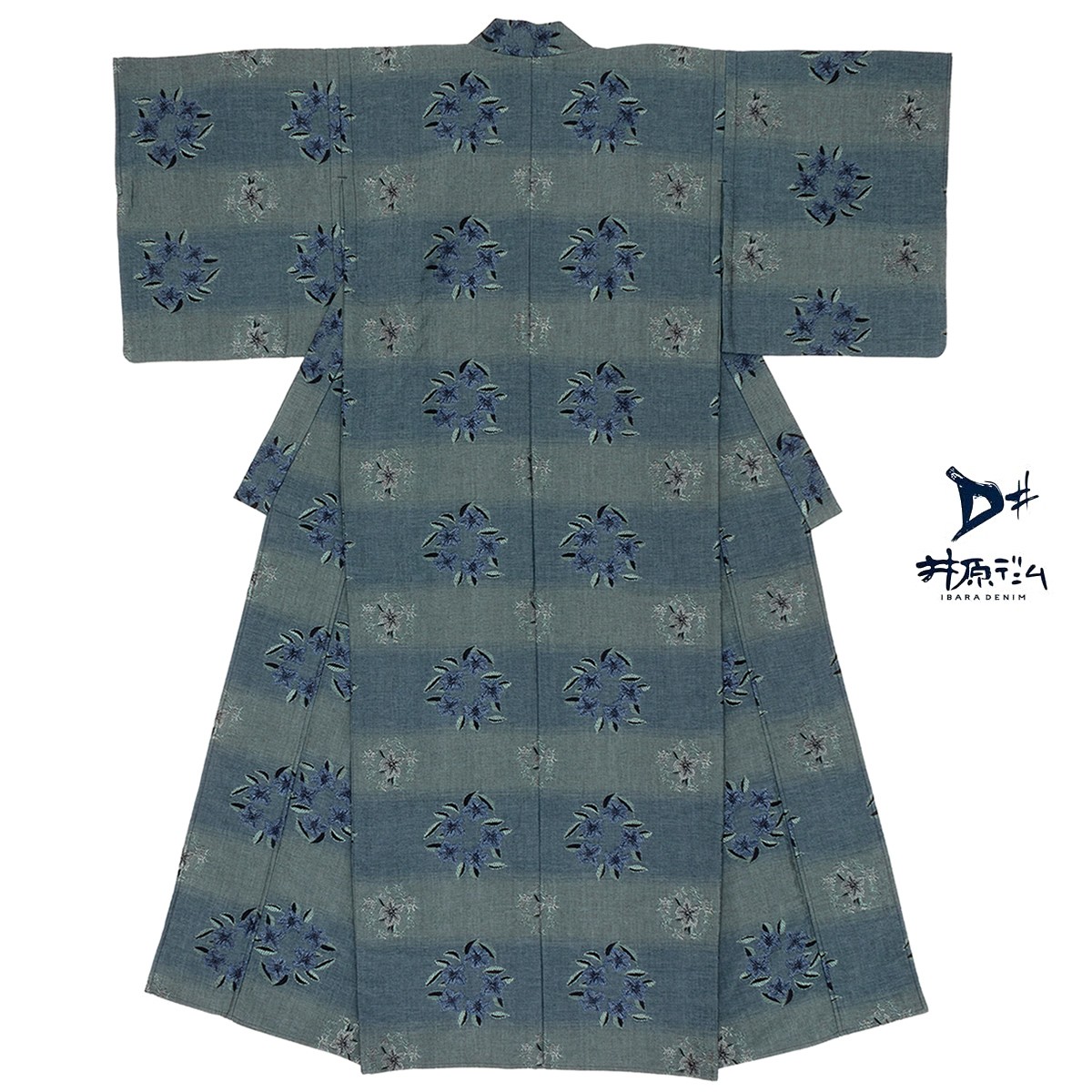 デニム 着物 洗える着物 井原デニムきもの 青系 百合 花 刺繍風