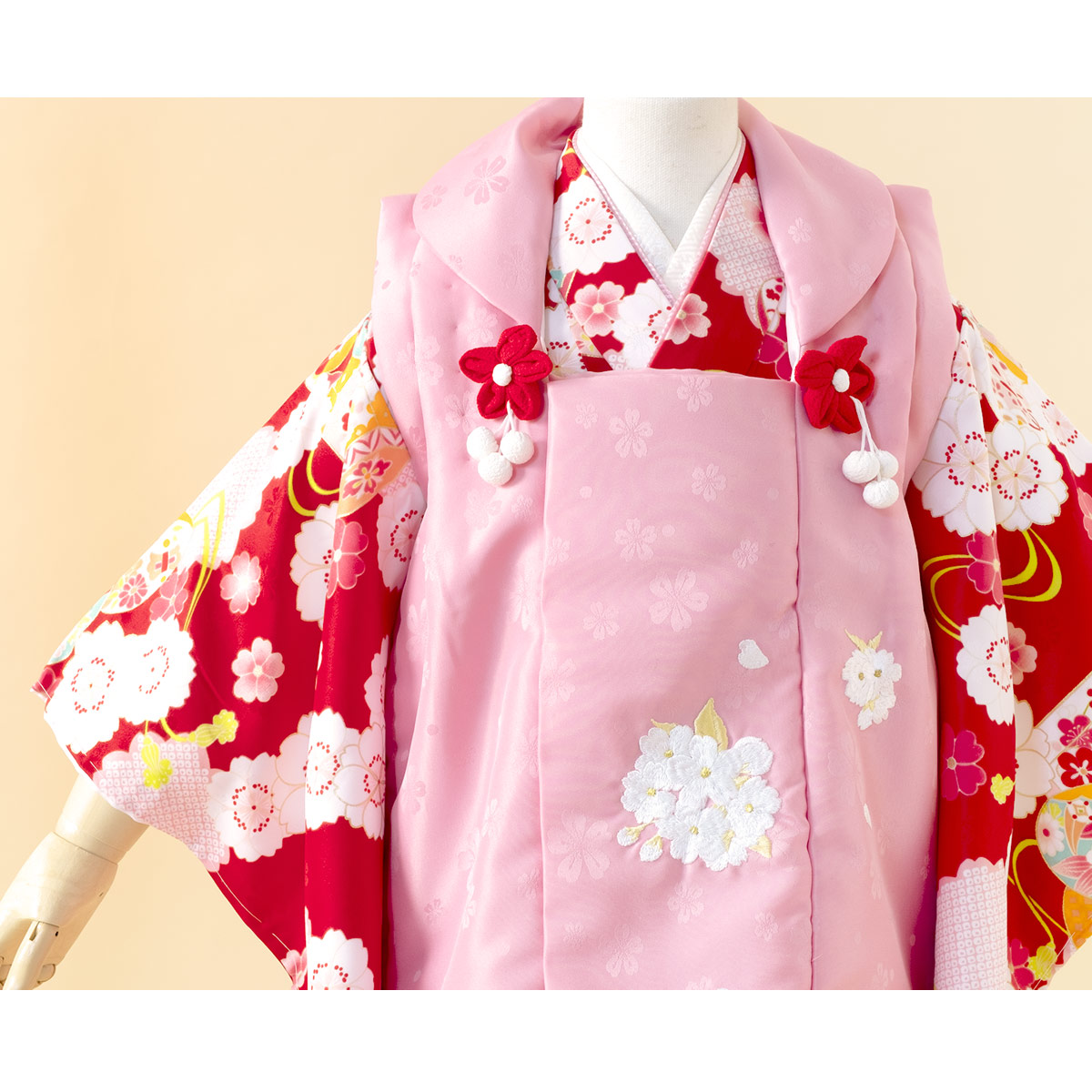 SOUBIEN レンタル 七五三 女の子 3歳 着物 被布 フルセット ピンク 赤