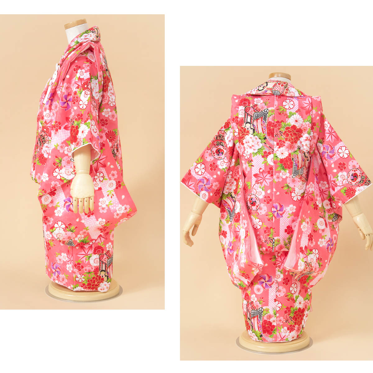 七五三 3歳 着物セット 花柄 御所車 七五三7歳‼️着物新品未使用タグつき❤️可愛いピンク御所車花々金彩