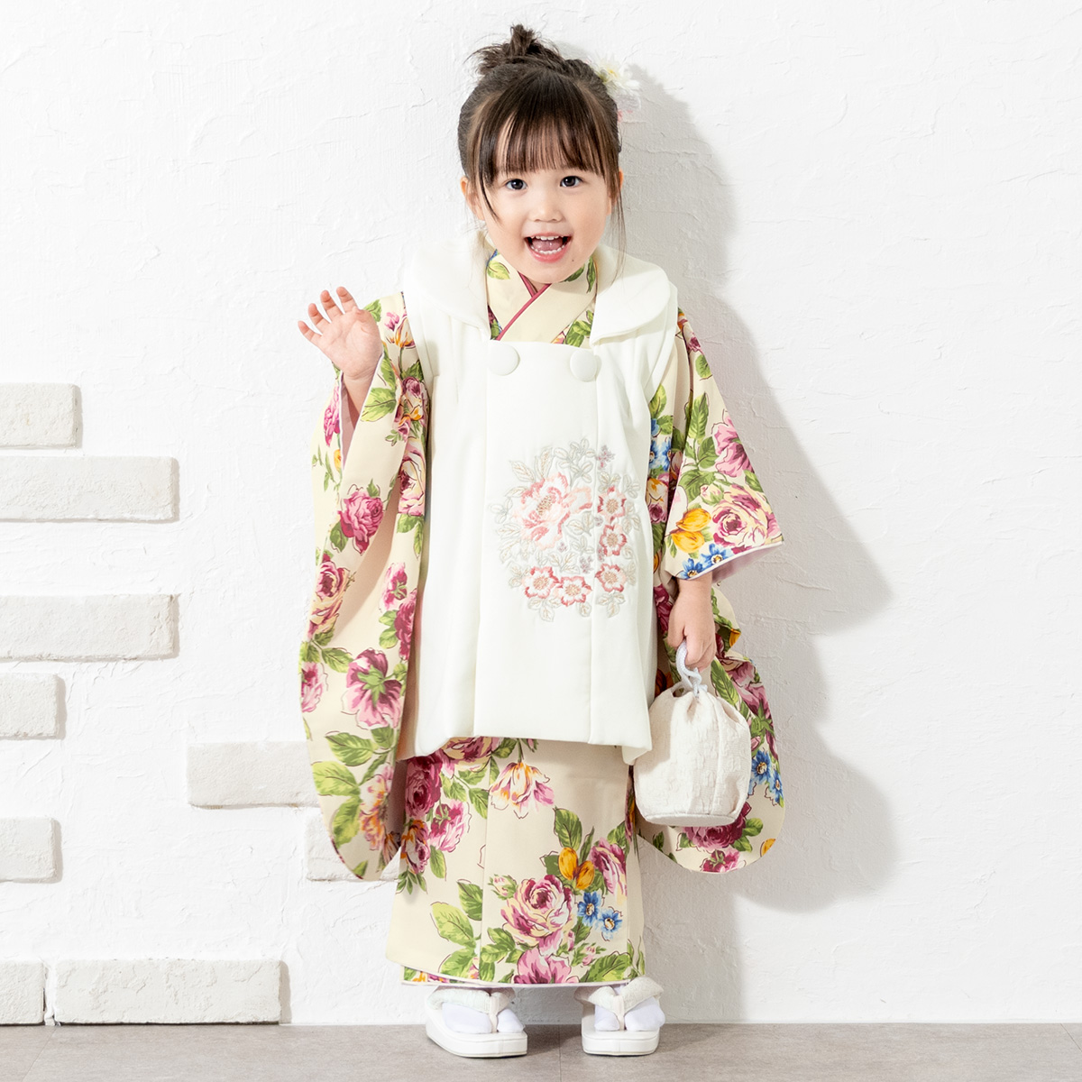 七五三 三歳 女児 被布着物フルセット 椿 花刺繍 すみれ NO37099 