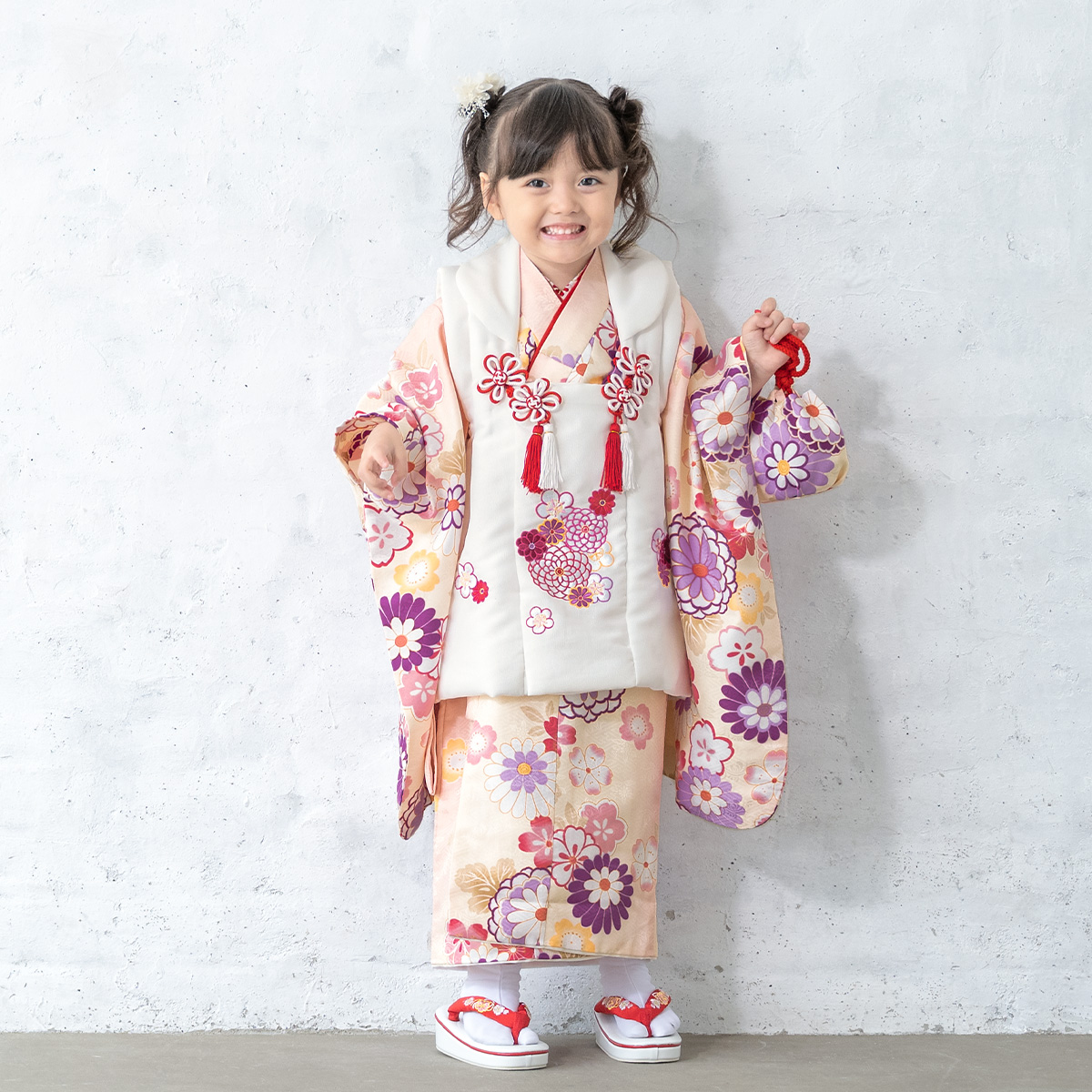 七五三 着物 3歳 レンタル 女の子 被布 フルセット 白 ピンク 菊 桜 