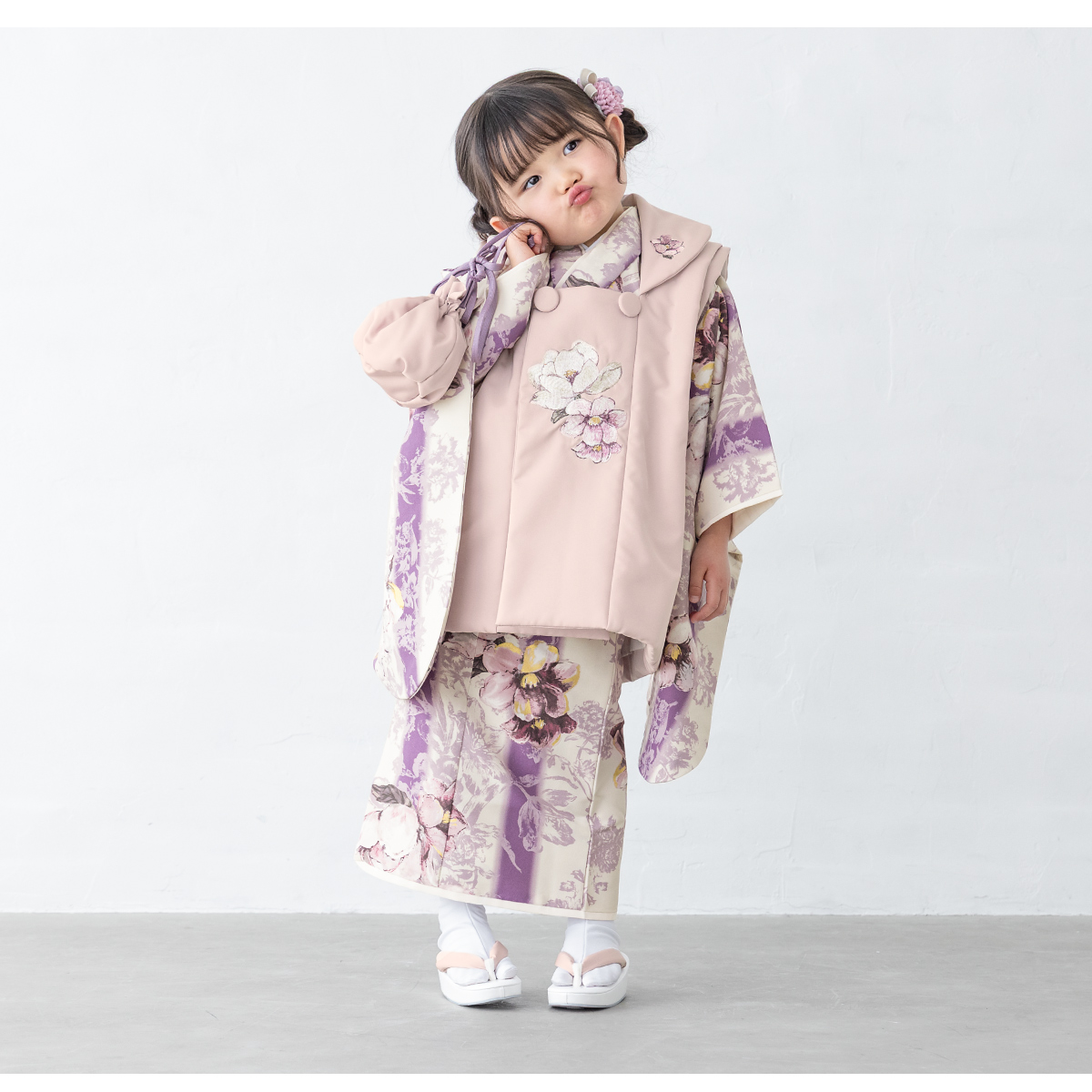 七五三  3歳  被布着物セット 女の子　紫 SOUBIEN レンタル 七五三 女の子 3歳 着物 被布 フルセット 赤