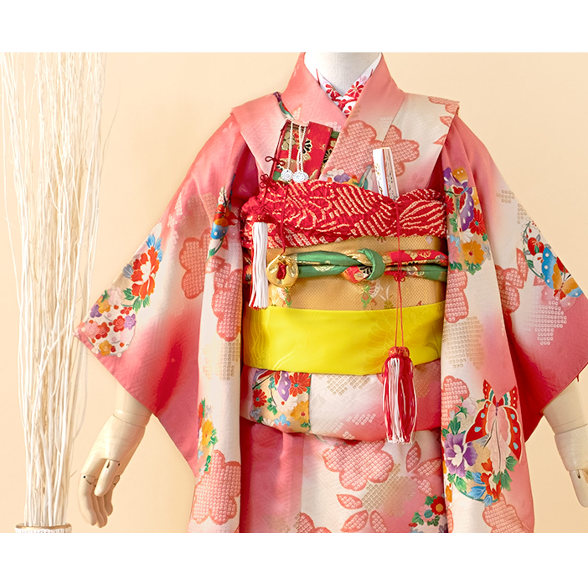 七五三 着物 レンタル 3歳 女の子 フルセット ピンク 蝶 桜 花丸 牡丹 