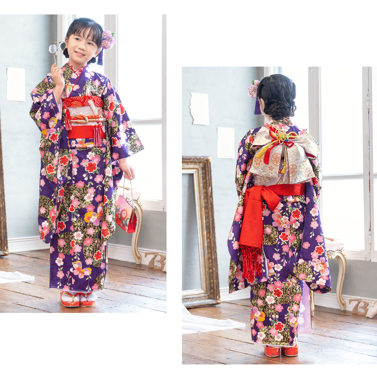 七五三 女の子 フルセット 7歳 レンタル 衣装 着物 正絹 作り帯 紫 赤 