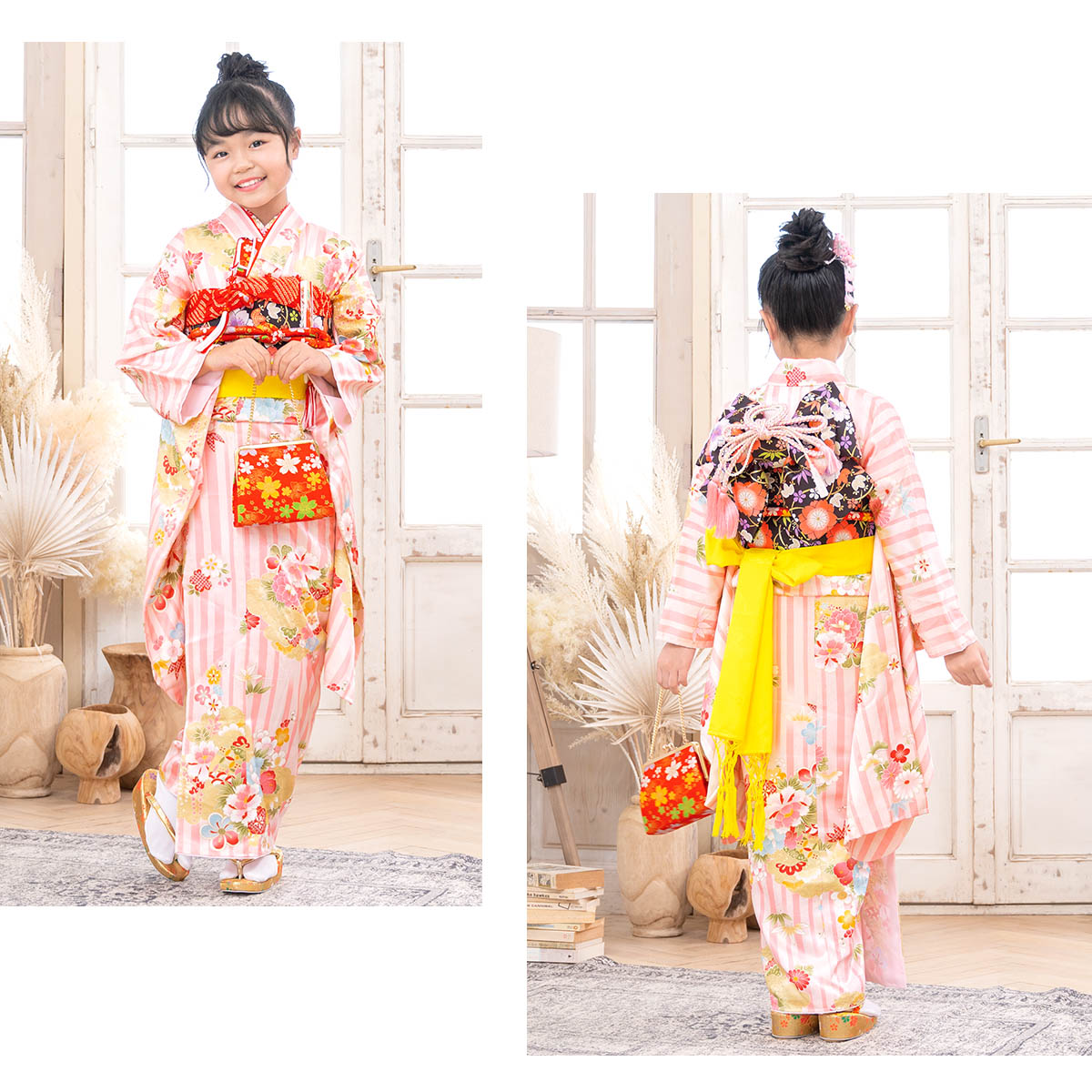 503ag48■七五三 七歳 女児 着物&袋帯&長襦袢 牡丹 菊■状態良好 SOUBIEN 七五三 衣装 着物 女の子 フルセット 7歳 レンタル 正絹