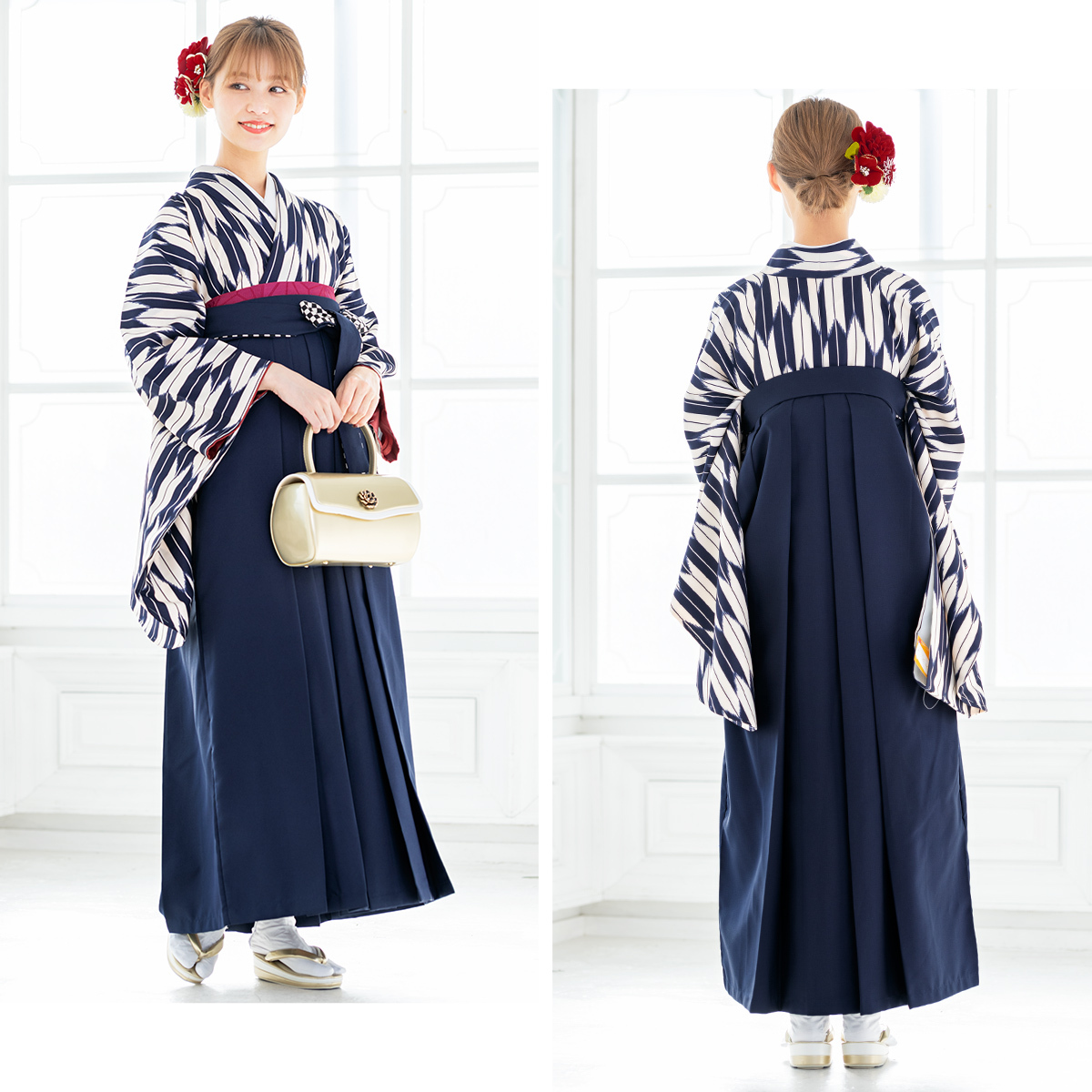 卒業式用　袴　着物セット pom ponette ブルー　はな柄　ストライプ 卒業式用 袴 着物セット pom ponette ブルー はな柄 ストライプ