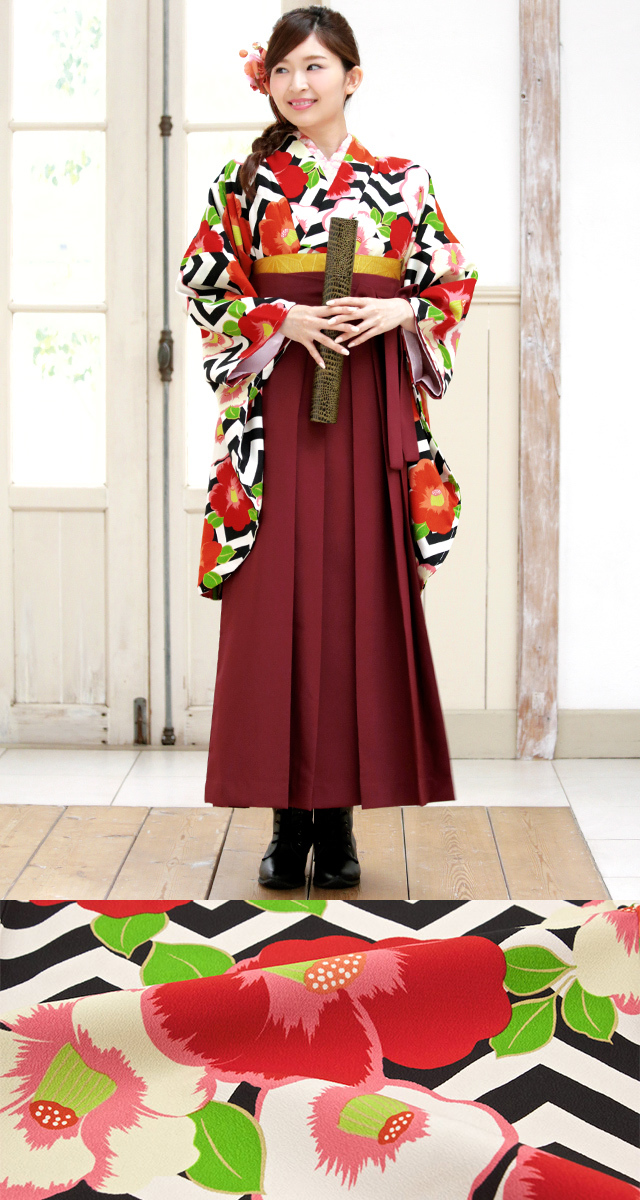 卒業式袴セット 赤の椿と雪輪 SOUBIEN（創美苑） レンタル 卒業式 袴 女性 袴セット 赤 レッド 黒 椿