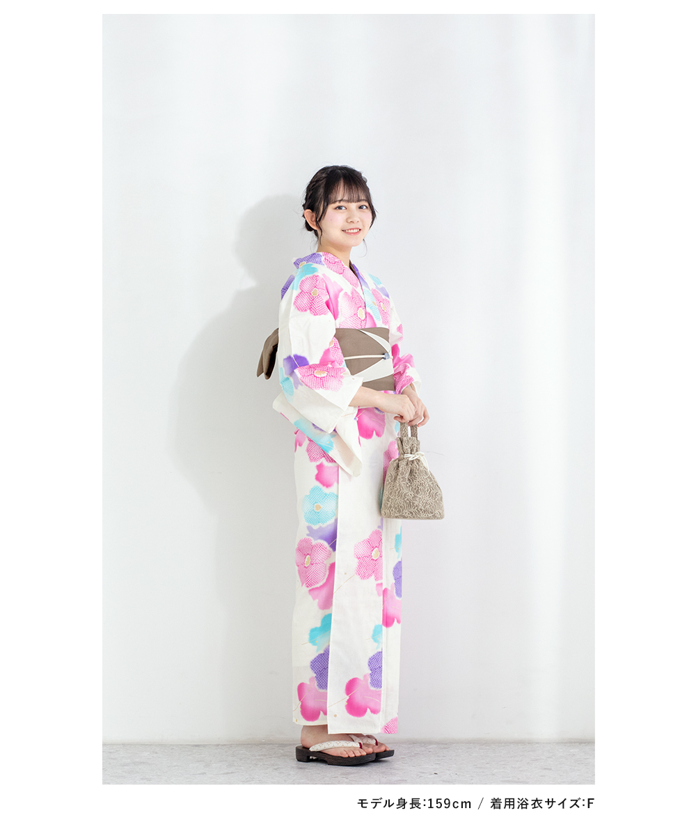 レディース　浴衣　セット　身丈155cm　紫　花柄　作り帯　ピンク　ラメ SOUBIEN（創美苑） 浴衣 セット レディース 浴衣セット 半幅帯大人 3点