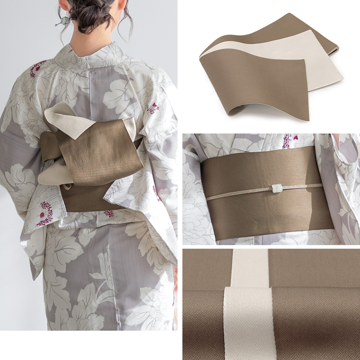 浴衣セット レディース 浴衣セット 半幅帯 大人 3点セット ホワイト 白 グレー 灰色 グレージュ 帯 牡丹 ダリア 花唐草 夏 花火大会 モダン Sサイズ フリーサイズ SOUBIEN（創美苑） 浴衣 セット レディース 浴衣セット 半幅帯 大人 3