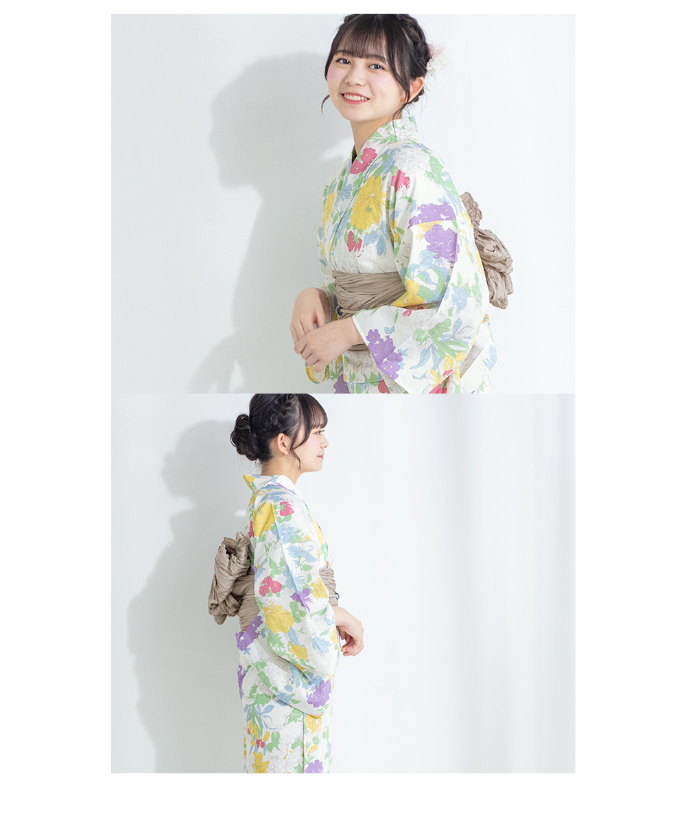 新品未使用　浴衣　カラフル　綿麻　ふくれ織の半幅帯　白とイエロー　2点セット SOUBIEN 浴衣 セット レディース 浴衣セット 兵児帯大人 3点
