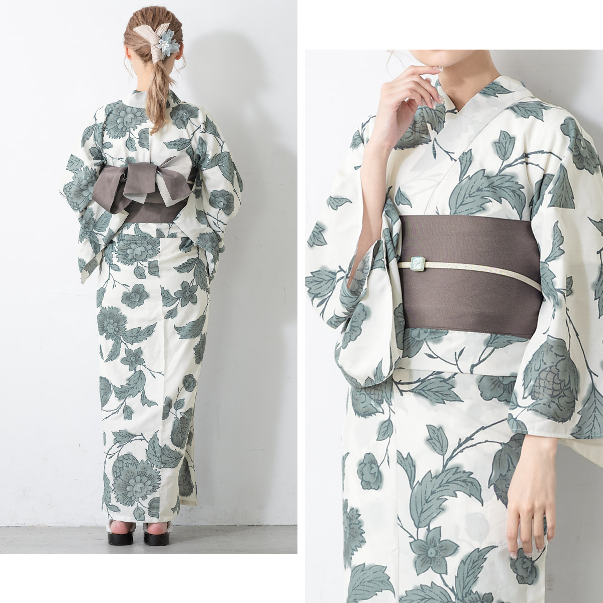 浴衣単品 浴衣ジェンヌ 黒地 グレー ダリア 花柄 ゆかた 半幅帯 浴衣ジェンヌ 浴衣5点セット 白地に赤のダリア 浴衣 大人