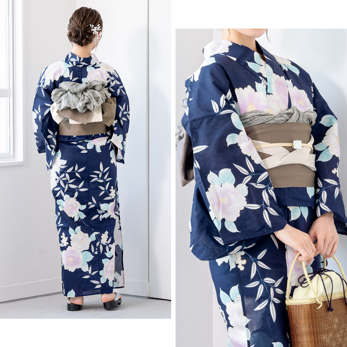 青系半幅帯つき◆最高級【綿麻浴衣】碧青椿の上品ゆかた◆ ◇最高級【綿麻浴衣】碧青椿の上品ゆかた◇着物着用可◇新品未
