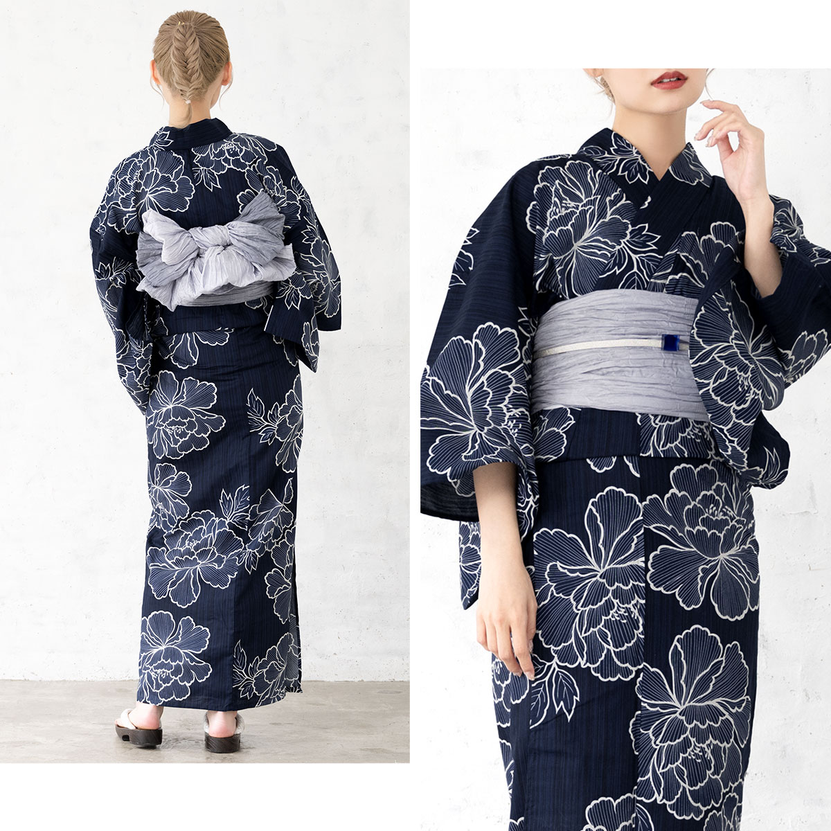浴衣　大きめサイズ　浴衣 3L 牡丹　濃紺　帯　紺グレー　2点　新品　0731⑥ SOUBIEN（創美苑） 浴衣 レディース セット 浴衣セット 兵児帯 大人 3