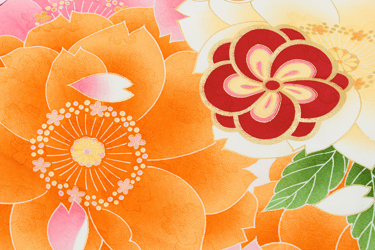 のしめ　オレンジ 花柄 お宮参り 着物 SOUBIEN（創美苑） 産着 女 女の子 販売 初着 橙色 オレンジ 桜 花