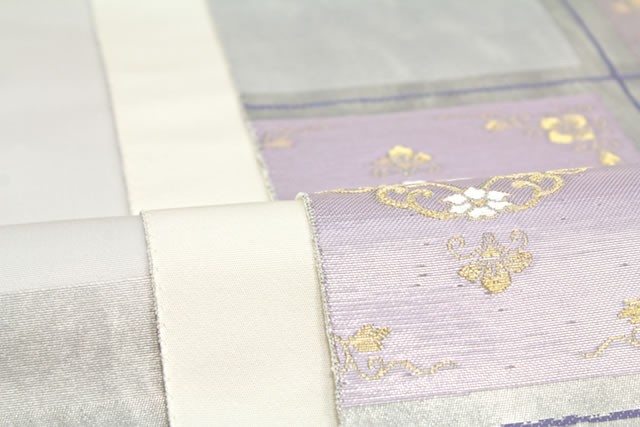 正絹 西陣 となみ となみ織物 花唐草文様 更紗 全通 訳あり品 未仕立て品 袋帯 訳あり 未仕立て グレー 格子 蔓 唐花 となみ織物謹製 西陣 証紙