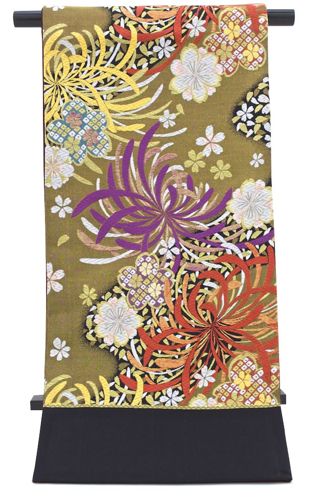 袋帯 訳あり 未仕立て 黒 金 菊 桜 花 京都西陣織 証紙 1832 田中義
