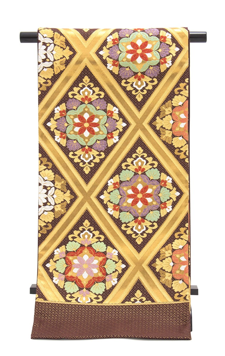 袋帯 訳あり 未仕立て 濃茶色 ブラウン 金色 ゴールド 唐花菱 二重襷