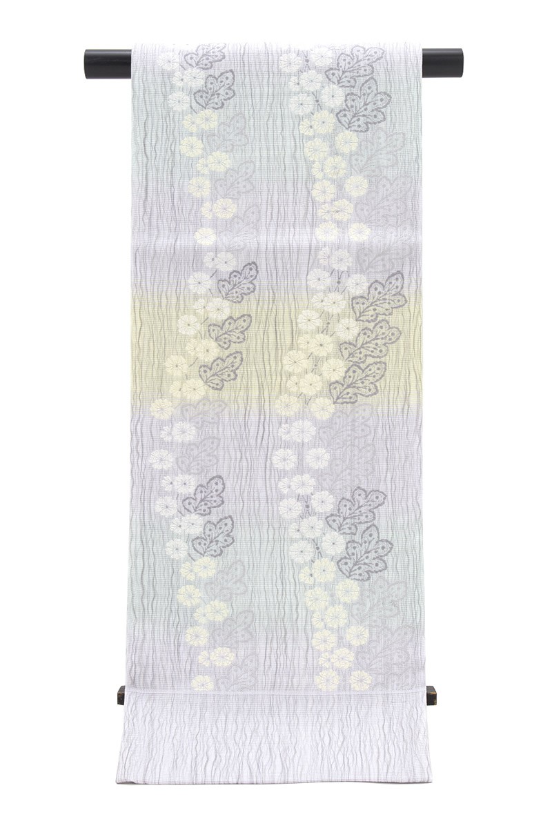 訳あり 袋帯 未仕立て 橋本テル織物 薄灰紫色 菊 正絹 和紙織 すくい