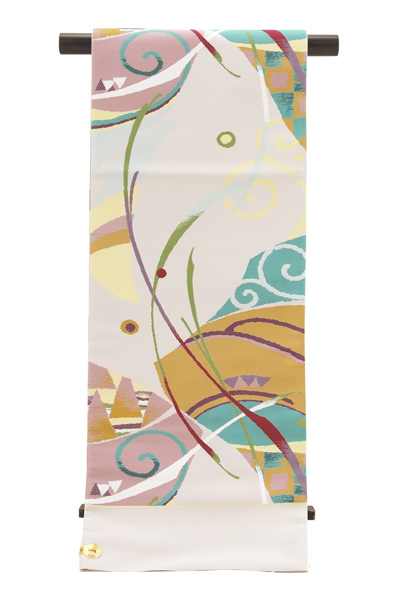 訳あり 袋帯 未仕立て 志都香 薄灰色 ライトグレー 青 黄色 露芝 唐草