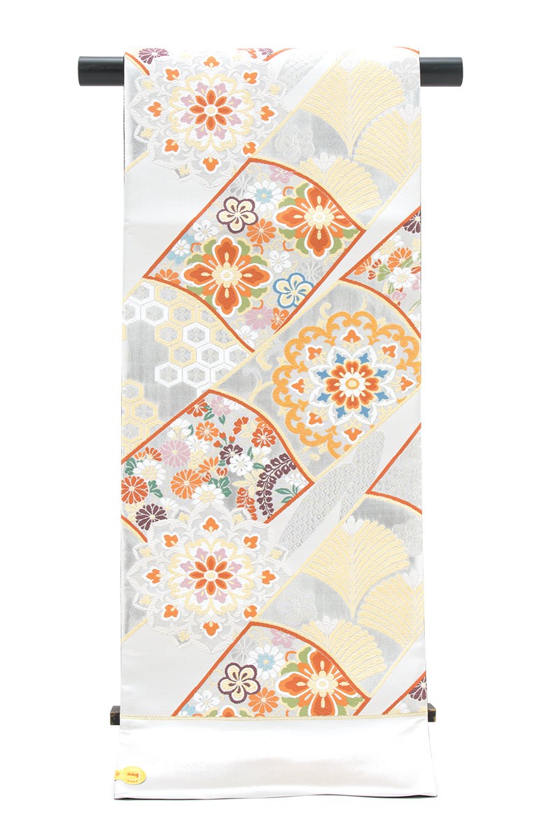 訳あり 袋帯 未仕立て 志都香 銀色 シルバー 茶色 黄色 唐花 幸菱 亀甲