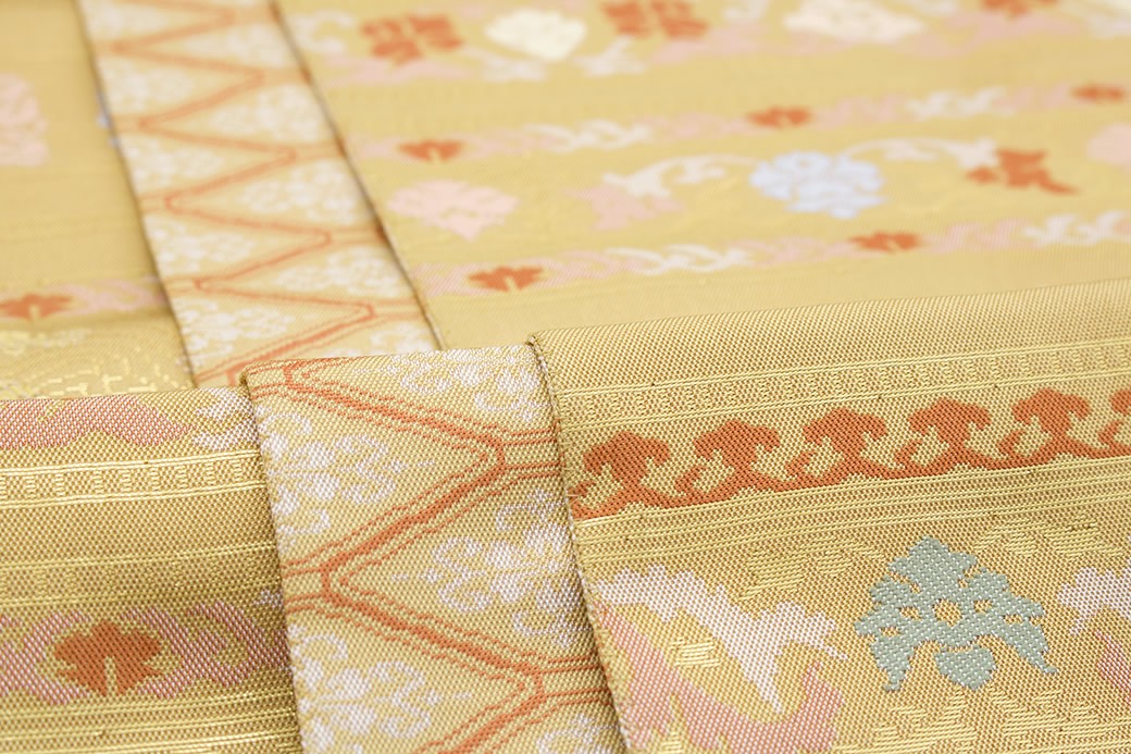 訳あり 袋帯 未仕立て 茶系 ライトブラウン 名物裂横段 経錦 金箔 高島