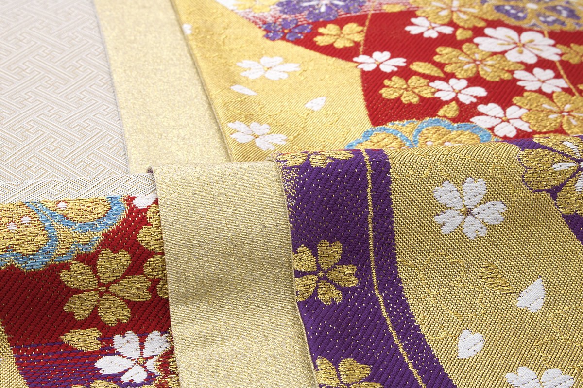 袋帯 訳あり 未仕立て 金色 ゴールド 水色 破れ七宝繋ぎ 菊 花菱 桜 絹 京都西陣織 2291 志都香 六通柄 成人式 振袖向き 日本製 袋帯 振袖用 未仕立て 大光謹製 訳あり 金色 ゴールド 生成り 紫 桜 花